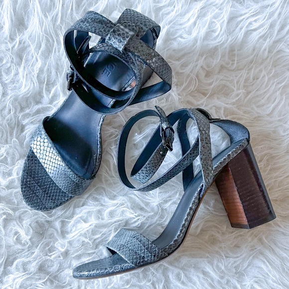 Vince Shoes - VINCE Leather Grey Snakeskin Strappy Stacked Block Heel Sandal | Size 6